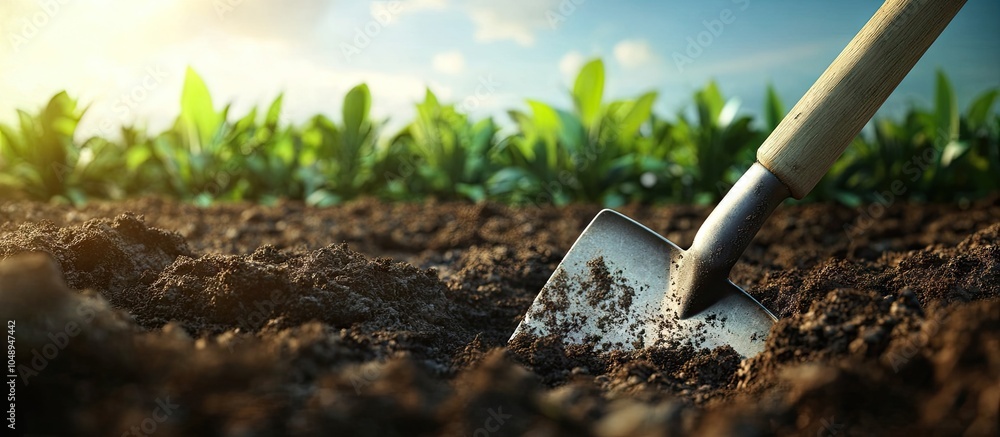 Poster a spade tills the garden soil. with copy space image. place for adding text or design