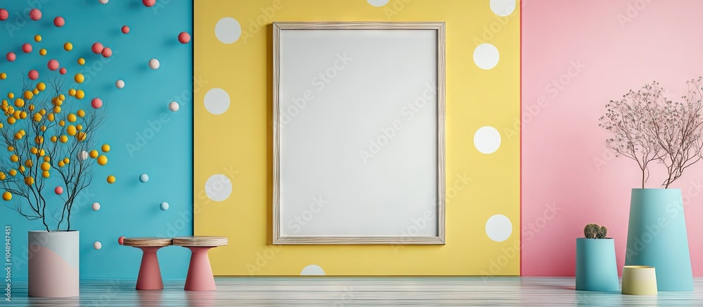Poster Polka dot picture frame mockup. with copy space image. Place for adding text or design