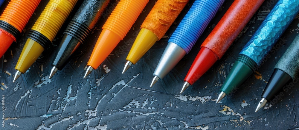 Aufkleber Colorful leather pen Concept image top view various colored pens Empty space for text Unique background view of pens. with copy space image. Place for adding text or design