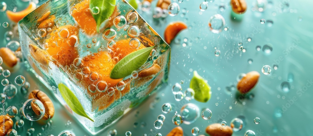 Fototapete background featuring orange balsamine and green coffee beans in an ice cube with air bubbles flat la