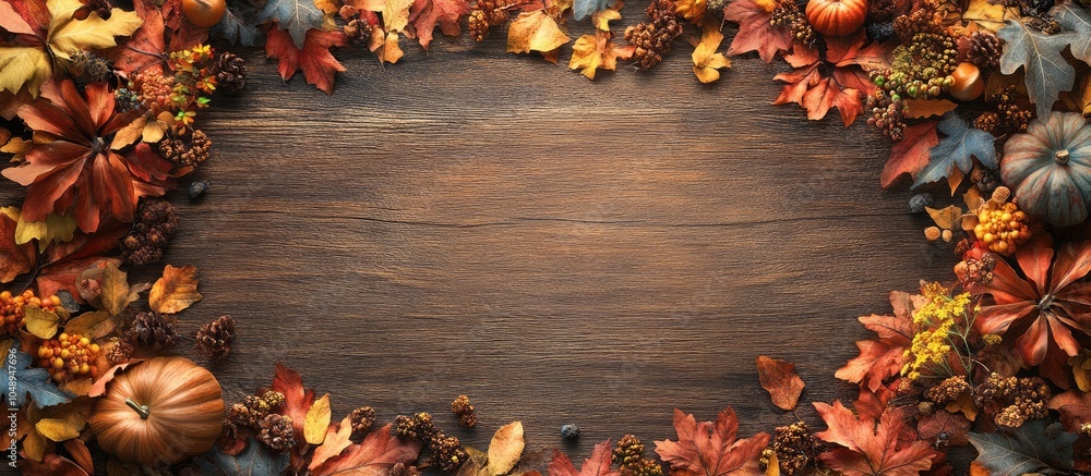 Poster copy space autumn flowers and leaves form a border on a wooden board with the word fall represented 