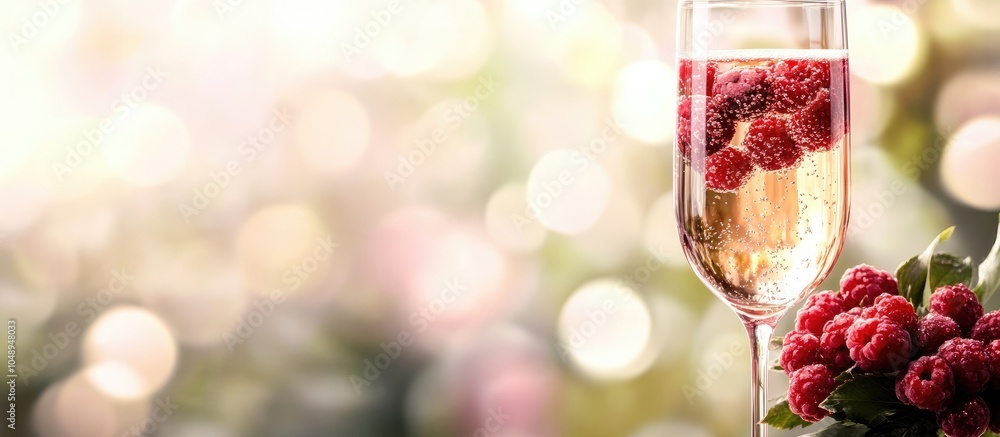 Aufkleber Champagne glass with berries set against a softly blurred light background. with copy space image. Place for adding text or design