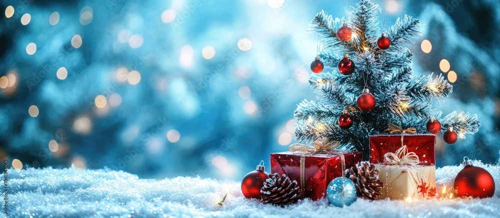 Aufkleber christmas background featuring a christmas tree new year gifts and holiday decorations for winter. w