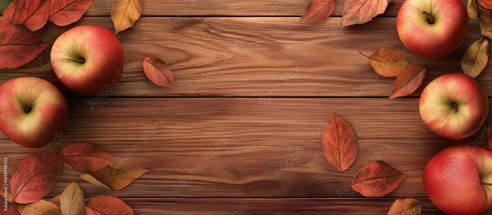 Poster autumn apples with leaves on a wooden board top view. with copy space image. place for adding text o