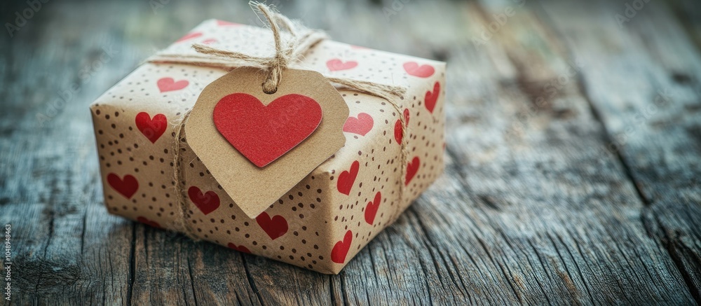 Poster parcel wrapped in heart patterned paper with a cardboard tag on a wooden table close up copyspace av
