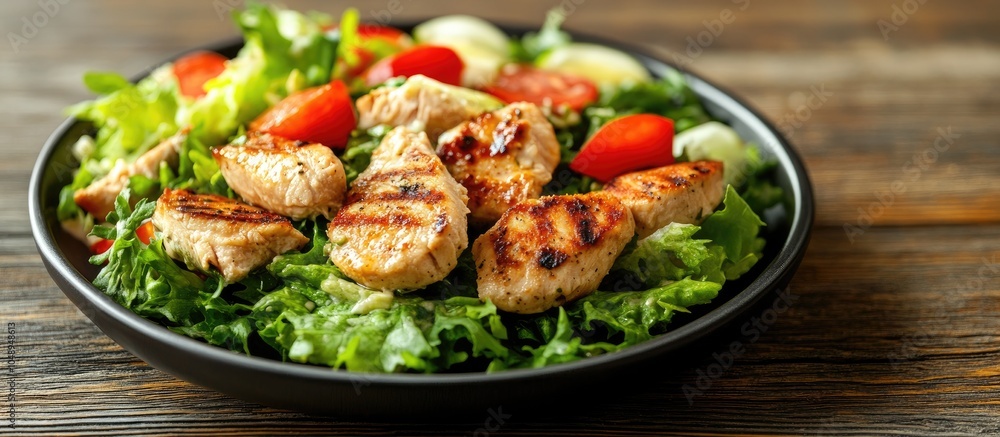 Poster chicken salad presented on a plate set against a wooden background. with copy space image. place for
