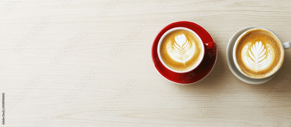 Poster Aromatic coffee in a red cup topped with milk foam and latte art alongside freshly brewed coffee in a white cup arranged on a light wooden table Flat lay. with copy space image