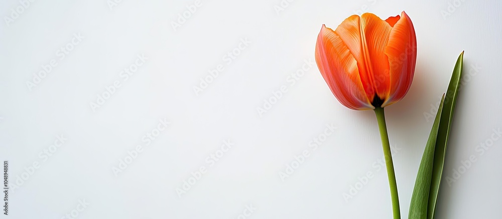 Poster Spring flowers Orange tulip on a white backdrop Top view. with copy space image. Place for adding text or design