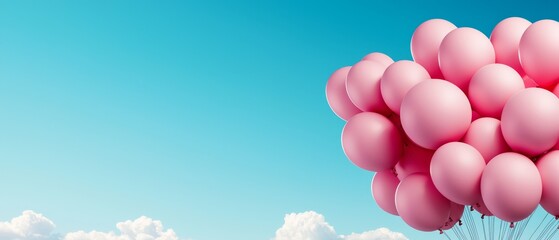  Pink balloons float against a blue sky, dotted with white clouds