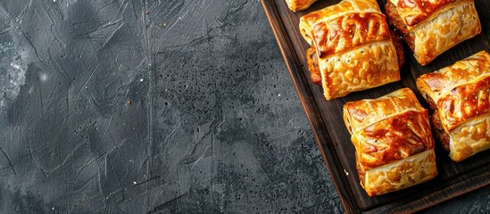 Sausage rolls and Pigs in Blankets made with puff pastry on a wooden board Gray backdrop Top view. with copy space image. Place for adding text or design