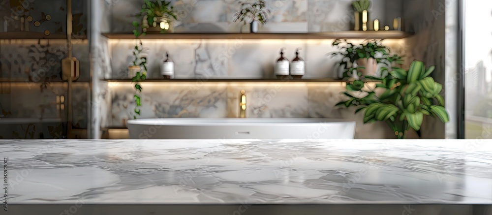 Poster Empty marble tabletop with a blurred bathroom interior backdrop for product display montage. with copy space image. Place for adding text or design