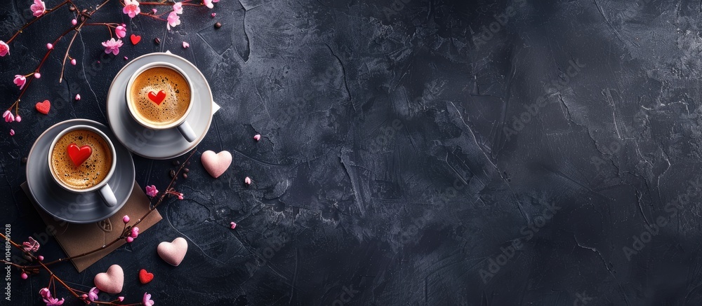 Poster Cups of espresso coffee and hearts a card for Valentine s Day gifts and willow flowers surprises all around Dark background with space for text. with copy space image. Place for adding text or design