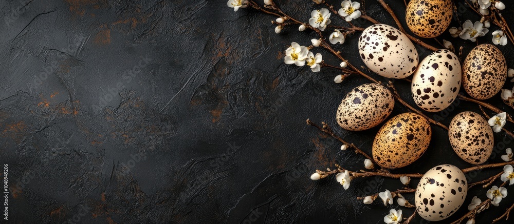 Aufkleber Vintage backdrop featuring Easter eggs Classic kitchenware against a dark background Easter scene with eggs and spring branches Overhead view with copy space