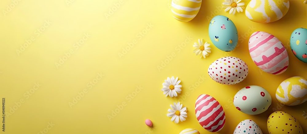 Leinwandbilder easter mockup vibrant easter eggs and decorations on a yellow backdrop holiday theme with room for t