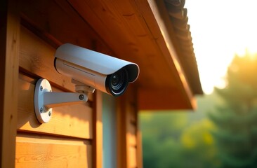 Security Camera on Wooden Wall. A single white CCTV Camera mounted on the wall of a wooden house. Ensuring Security and Protection from Intruders