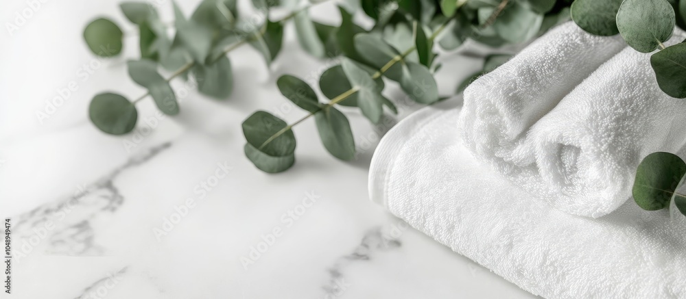 Poster Fresh towels and eucalyptus branches on a marble table with a white background Space for text. with copy space image. Place for adding text or design