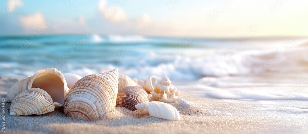 Aufkleber seashells on the shore beach vacation idea by the ocean. with copy space image. Place for adding text or design