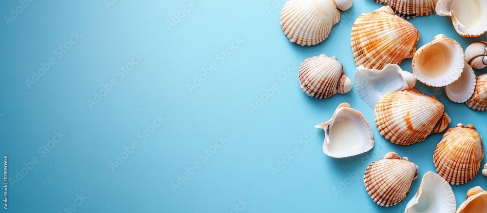 Fototapete seashells against a blue backdrop. with copy space image. place for adding text or design
