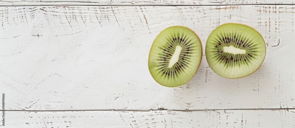 Leinwandbilder two halves of kiwifruit on a white wooden surface. with copy space image. place for adding text or d