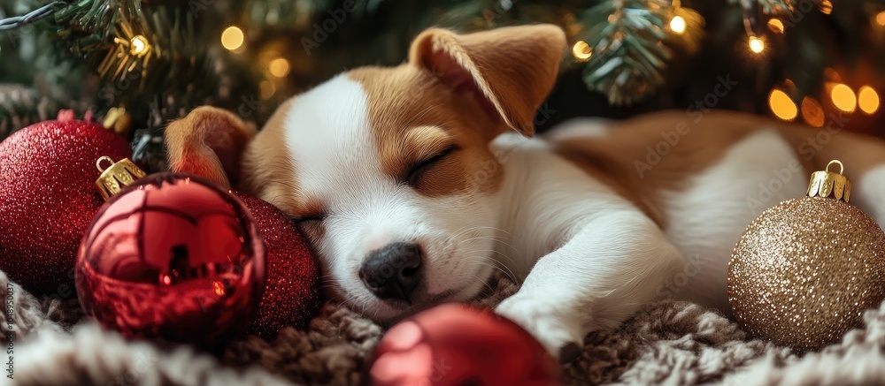Aufkleber Sleeping puppy with Christmas decorations. with copy space image. Place for adding text or design