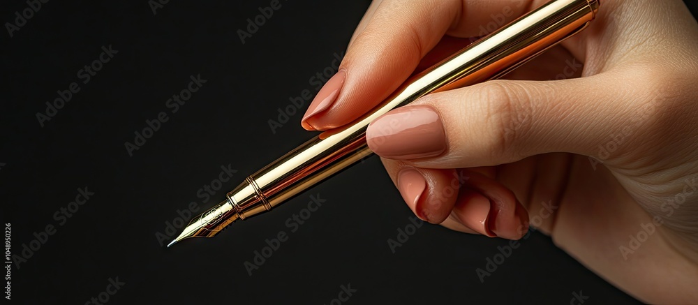 Poster close up of a woman s arm writing with a metallic pen. with copy space image. place for adding text 
