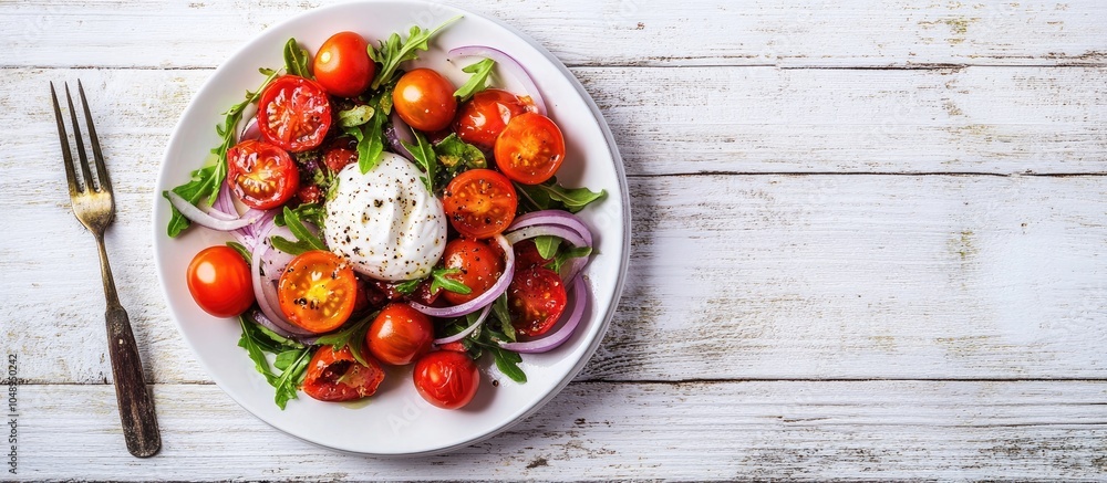 Leinwandbilder a fresh simple salad featuring cherry tomatoes sour cream and sweet red onion on a plate with a vint