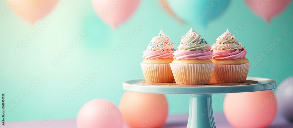 Fototapete Delicious cupcakes on a stand and cake placed on a table against a colorful background. with copy space image. Place for adding text or design