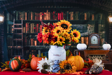 cat buddha surrounded by fall decorations including pumpkins and sunflowers in old library