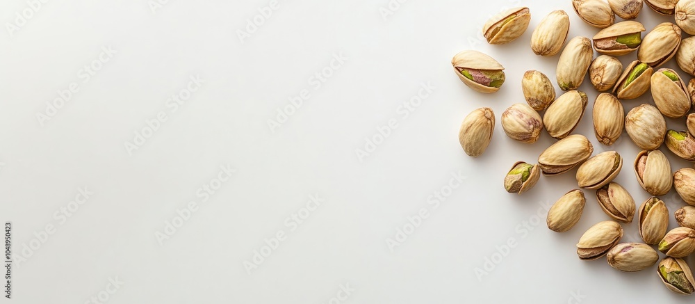 Poster top view of shelled pistachios on a white background. with copy space image. place for adding text o