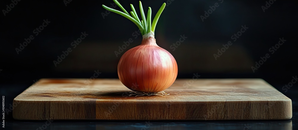 Aufkleber close up view of a sprouting onion on a cutting board isolated on a black background selective soft 