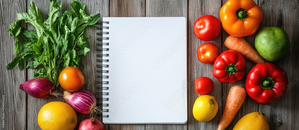 Poster top view of a blank notebook with fruits and vegetables on an aged wooden table featuring copy space