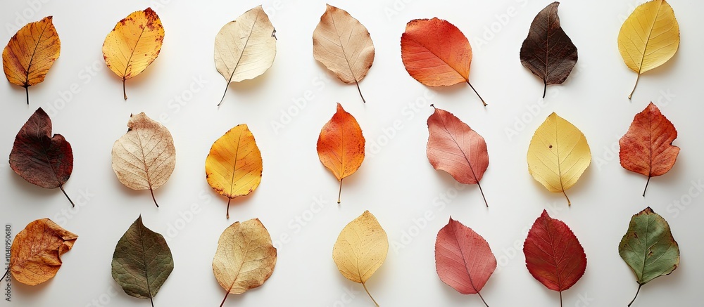 Leinwandbilder autumn flat lay backdrop featuring colorful dried leaves on a white surface. with copy space image. 