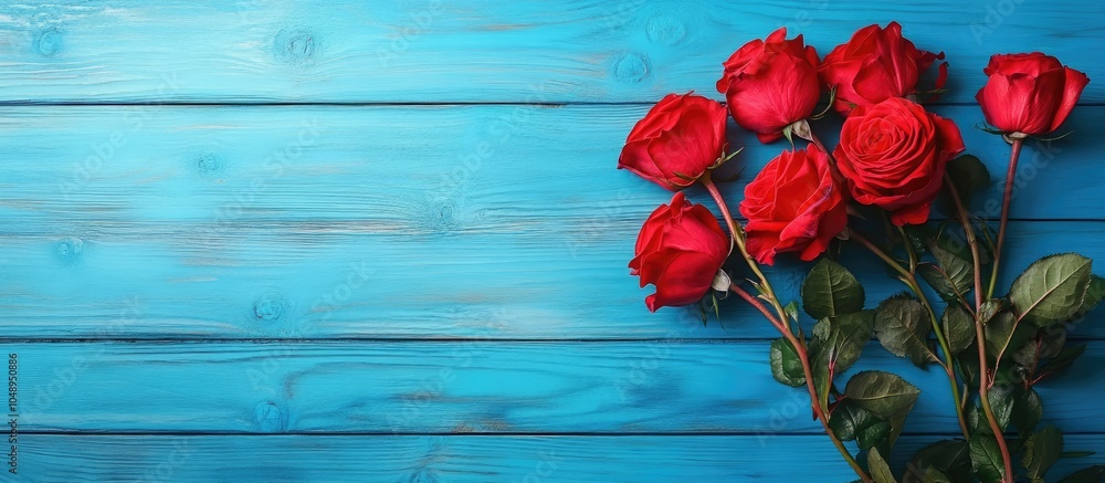 Aufkleber red roses bouquet on blue wooden table top view. with copy space image. place for adding text or des