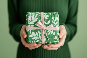Hands holding a gift wrapped in recycled paper, Green Monday shopping, festive and ecofriendly