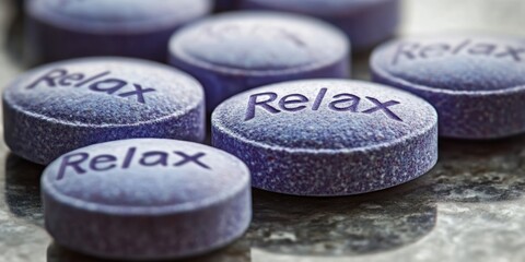 Pile of Blue "Relax" Pills on a Surface, Representing Stress Relief and Relaxation Medication, Stress Management, and Mental Wellness Concepts.