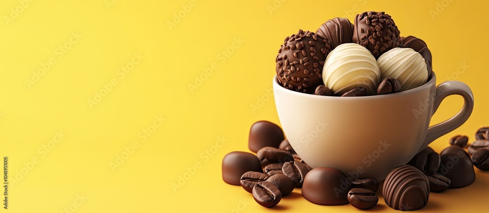 Aufkleber a cup filled with coffee beans and chocolate candies set against a yellow background. with copy spac