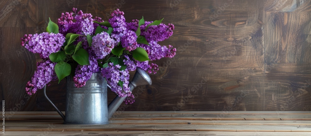 Poster bunch of purple lilacs with a metal watering can. with copy space image. place for adding text or de