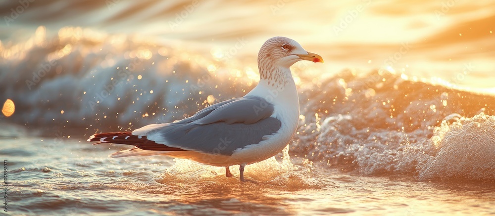 Aufkleber Backlit seagull standing in the water with waves and splashes around its feet. with copy space image. Place for adding text or design