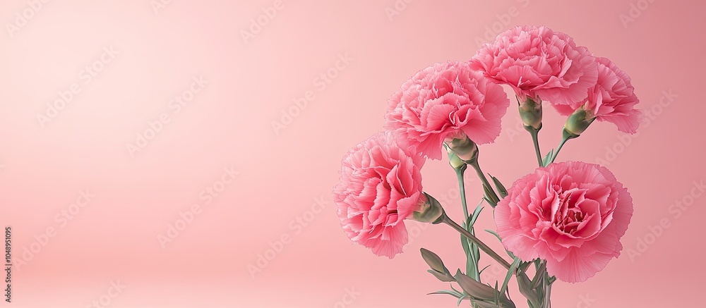 Poster pink carnation flowers against a pink background. with copy space image. place for adding text or de