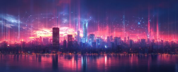 Futuristic Cityscape with Digital Network Overlay at Sunset