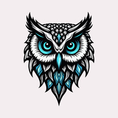 Obraz premium Blue ornamental owl in decorative floral design, intricate illustration. illustration of a geometric owl logo in pastel colors in flat colors isolated on a white transparent background