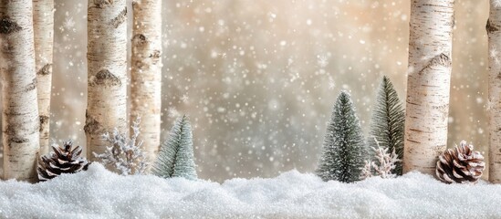 Christmas decoration created from birch bark featuring artificial snow and trees. with copy space image. Place for adding text or design