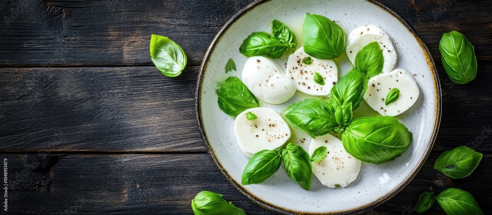 Poster a top view photo of a white plate featuring fresh basil leaves and mozzarella cheese set against a d