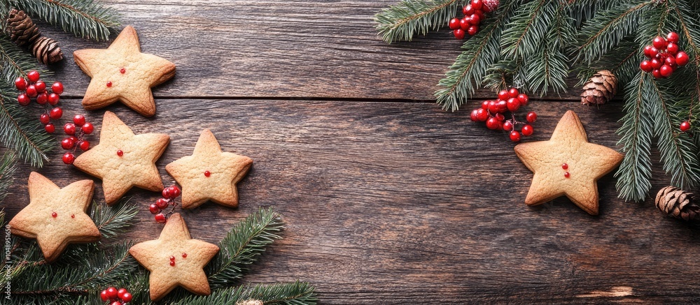 Poster star shaped christmas cookies and fir branches with red decorations set against a rustic wooden tabl