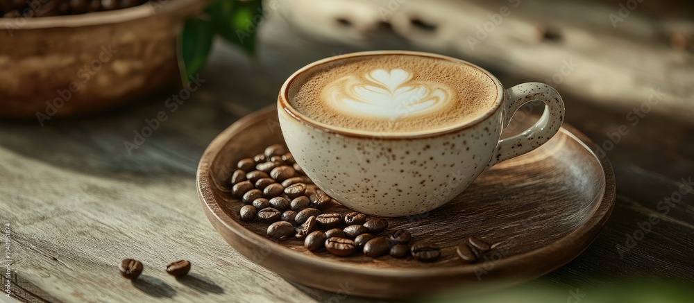 Aufkleber a cappuccino for breakfast accompanied by roasted coffee beans. with copy space image. place for add