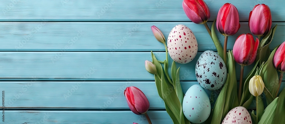 Fototapete easter eggs and tulips arranged in a frame on blue wood. with copy space image. place for adding tex
