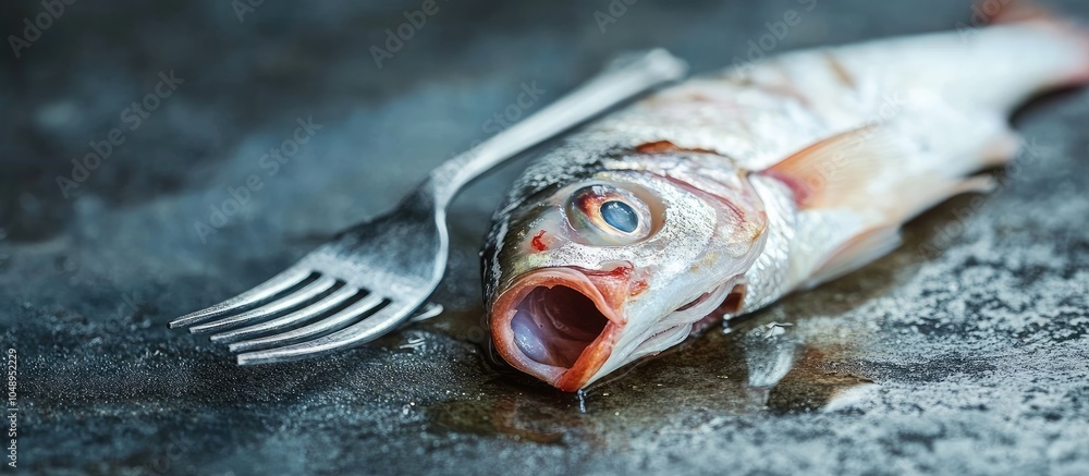 Fototapete Raw fish with a fork on a stone surface. with copy space image. Place for adding text or design