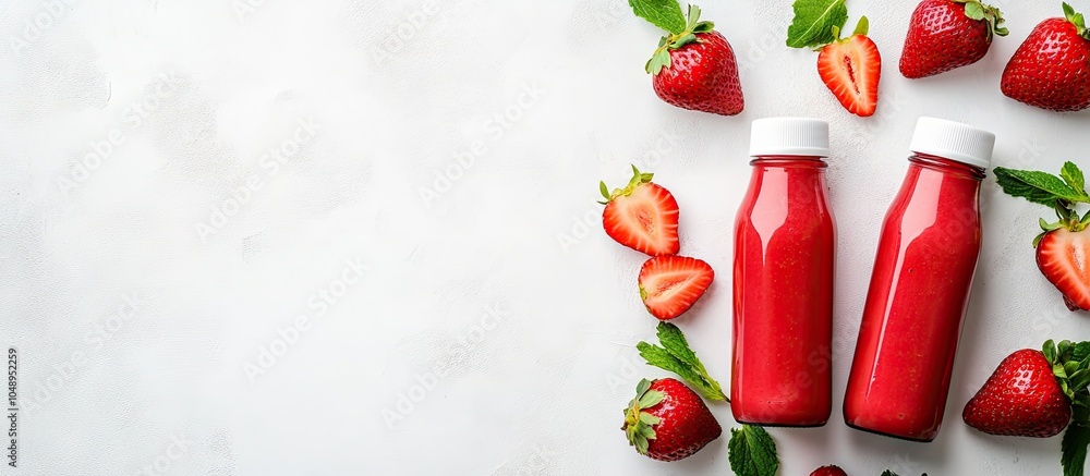 Poster strawberry smoothie in bottles on a white table background top view copy space banner