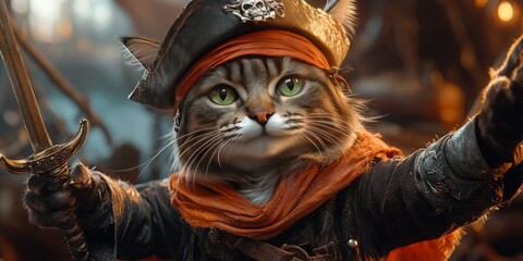 Aye Matey! A Tuxedo Cat in a Vibrant Pirate Attire, Ready for High Seas Adventure