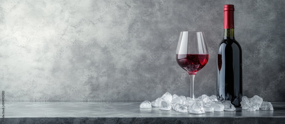 Poster red wine glass on ice and a bottle on a gray background with copyspace and room for text